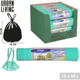Urban Living afvalzakken/vuilniszakken eco - 10x - 50 liter - groen - trekbandsluiting - D68 x H70 cm cm