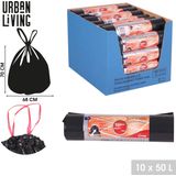 Urban Living afvalzakken/vuilniszakken - 10x - 50 liter - zwart - trekbandsluiting - D68 x H70 cm cm