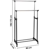 Urban Living Kledingrek met dubbele stang - kunststof/metaal - zwart - 80 x 42 x 170 cm - Op zwenkwielen