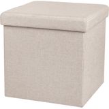 Urban Living Poef/hocker - opbergbox zit krukje - beige - linnen/mdf - 37 x 37 cm - opvouwbaar