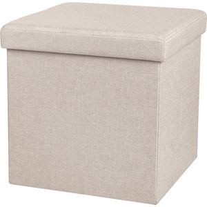 Urban Living Poef/hocker - opbergbox zit krukje - beige - linnen/mdf - 37 x 37 cm - opvouwbaar