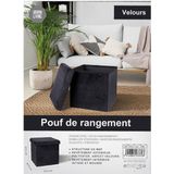 Urban Living Poef/hocker - opbergbox zit krukje - velvet zwart - polyester/mdf - 38 x 38 cm - opvouwbaar