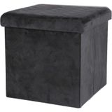 Urban Living Poef/hocker - opbergbox zit krukje - velvet zwart - polyester/mdf - 38 x 38 cm - opvouwbaar