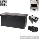 Urban Living Hocker bankje - poef dubbel zits - opbergbox - zwart - lederlook - 76 x 38 x 38 cm - opvouwbaar