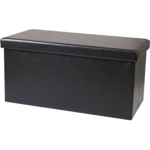 Urban Living Hocker bankje - poef dubbel zits - opbergbox - zwart - lederlook - 76 x 38 x 38 cm - opvouwbaar