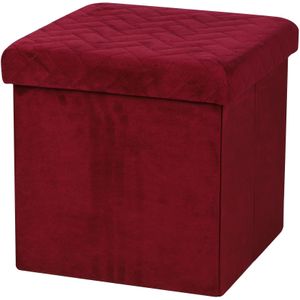 Urban Living Poef/hocker - opbergbox zit krukje - velvet rood - polyester/mdf - 38 x 38 cm - opvouwbaar