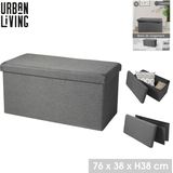 Urban Living Hocker bankje - poef dubbel zits - opbergbox - grijs - polyester/mdf - 76 x 38 x 38 cm - opvouwbaar