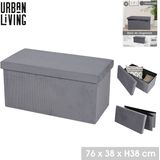 Urban Living Hocker bankje - poef dubbel zits - opbergbox - lichtgrijs - velours look - 76 x 38 x 38 cm - opvouwbaar