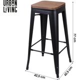 Urban Living - Set van 4 Barkrukken met Metalen Frame en Houten Zitting Matzwart - Industrieel Design Barkruk