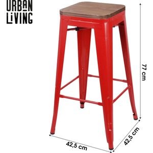 Urban Living - Set van 4 Barkrukken met Metalen Frame en Houten Zitting Rood - Industrieel Design Barkruk