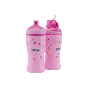 Nuby - Set van 2 lekvrije drinkflessen - Flip-it drinkfles 360 ml + pop-up drinkfles - Leerbeker voor kinderen - BPA-vrij - Roze - 12 maanden en 18 maanden beker