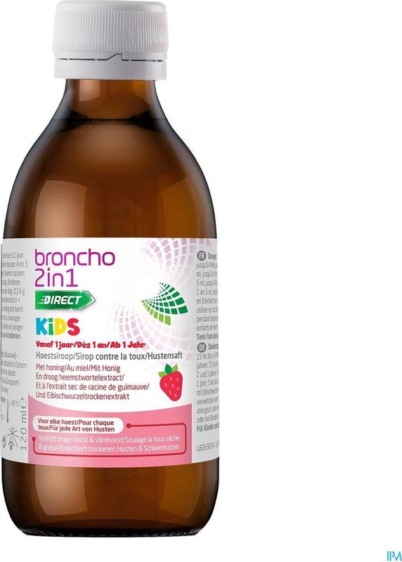 Broncho 2 in 1 Hoestsiroop- vanaf 1 jaar- Honing- Heemstwortelextract- Aardbeismaak- 120ml
