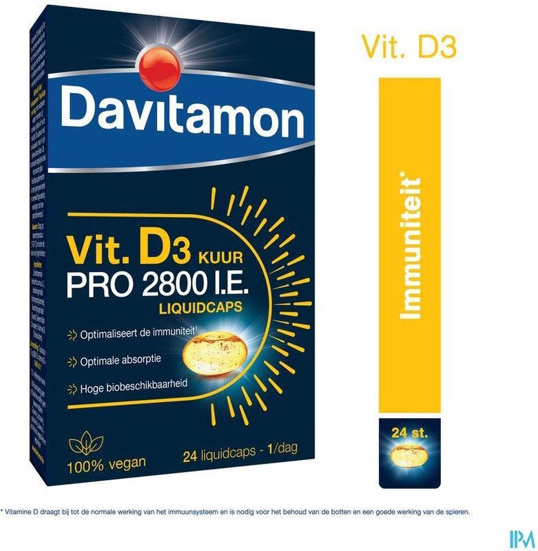 Davitamon® Vitamine D3 Kuur Pro 2800 I.E. Liquidcaps VEGAN – Weerstand, Botten, Spieren