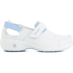 Oxypas SALMA Leren Arbetschoenen voor dames, antislip en comfortabele schoenen, ideaal voor ziekenhuis en verzorging, wit/blauw, 37 EU
