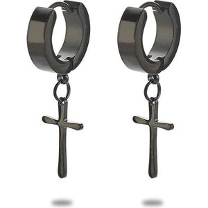 Twice As Nice Oorbellen in edelstaal, oorring met kruis, zwart