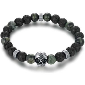 Twice As Nice Armband in edelstaal, zwart en groene lavastenen, doodskop 21 cm