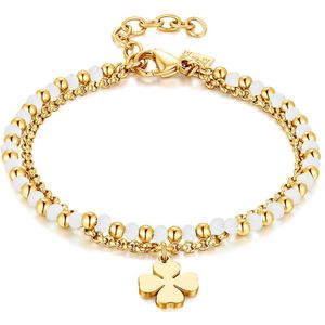 Twice As Nice Armband in goudkleurig edelstaal, dubbele ketting, roze kristallen, klaver 15 cm+3 cm