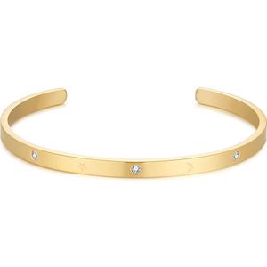 Twice As Nice Armband in goudkleurig edelstaal, open bangle, kristallen, maantjes en sterretjes 6 cm