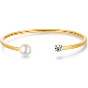 Twice As Nice Armband in goudkleurig edelstaal, bangle, parel en zirkonia 6 cm