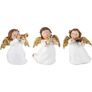 Set van 3 engeltjes / engel met muziek instrument - Wit / goud / bruin - 10 x 9 x 11 cm hoog per engeltje)