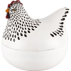 Dekoratief | Kip pot m/deksel, wit/zwart, resina, 14x13x14cm | A240349
