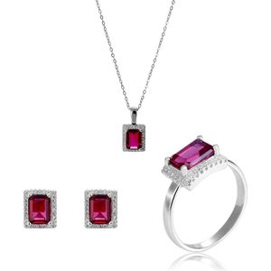 Orphelia SET-7425/RU/56 - Juwelenset: Ketting + Oorbellen + Ring - Zilver 925 - Zirkonia Robijn - Ring maat 56