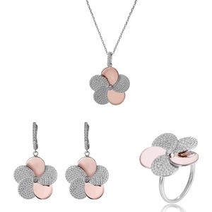 Orphelia SET-7452/56 - Juwelenset Flower: Ketting + Oorbellen + Ring - 925 Zilver Bicolor White/Rosé - Zirkonia - 42 cm / Ringmaat 56