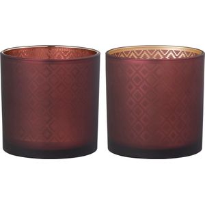 J-Line windlicht Oosters - glas - rood/goud - medium - 2 stuks