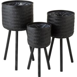 J-Line bloempot bamboe - jute - zwart - 3 stuks - Ø 37 cm