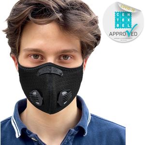 BREEZY luxe mondkapje - Zwart mondmasker - maat Large verstelbaar - met 4x wegwerp filter & 4 ventielen vervangbaar - herbruikbaar comfortabel mond kapje voor sport - medische filtering - in opbergzakje - Sportmasker geschikt voor brildrager