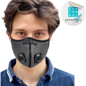 BREEZY luxe mondkapje - Grijs mondmasker - maat Large verstelbaar - met 4x wegwerp filter & 4 ventielen vervangbaar - herbruikbaar comfortabel mond kapje voor sport - medische filtering - in opbergzakje - geschikt voor brildrager