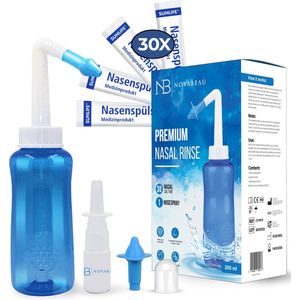 Novabeau Medische Neusdouche met 30 Extra Zoutzakjes en Neusspray - Neusspoeler Van 300 ml voor Hooikoorts en Verstopte Neus – Neusreiniger voor Volwassenen en Kinderen – Neuspomp – Neti Pot