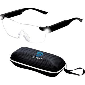 Dhoent Products® Vergrootglas Bril met Ledverlichting - Overzet Loepbril met Ledverlichting - 2x Vergroot bril - Hobby Loepbril voor Brildragers - Gratis Brillendoos en Brilkoordje - Zwart