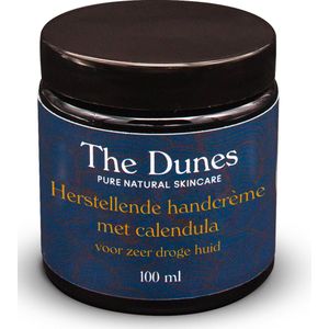 The Dunes pure natural skincare BIO handcrème die snel en volledig door de huid opgenomen wordt, voelt absoluut niet vettig aan, herstelt de handen snel, met verse goudsbloemen gemacereerd in koudgeperste amandelolie + geranium, hô-hout en palmarosa