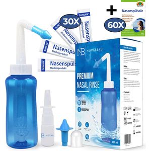 Novabeau Neusdouche met 90 Extra Zoutzakjes en Neusspray - Neusspoeler Van 300 ml voor Hooikoorts en Verstopte Neus – Neusreiniger voor Volwassenen en Kinderen – Neuspomp – Neti Pot