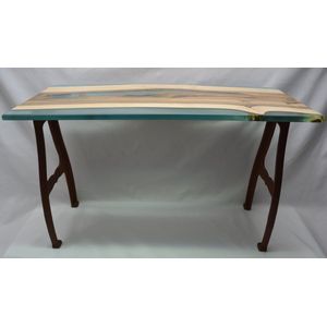 Bijzettafel - epoxy - hout walnoot - transparant - turquoise - gietijzeren tafelpoten roestkleur