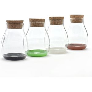 4 glazen opbergpotje met kurk deksel in diverse kleuren