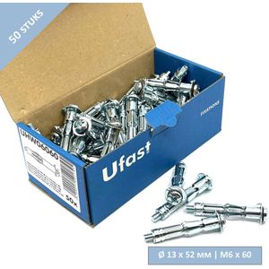 UFAST hollewandplug Ø 13 x 52 mm + schroef M6 x 60 mm - Verzinkt - 50 stuks