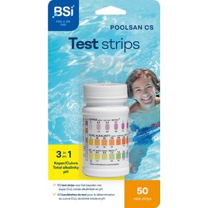BSI - PoolSan CS 50 Test Strips - Zwembad - Spa - Voor het bepalen van pH-gehalte, kopergehalte, alkaliniteit en actieve zuurstof van water - 50 test strips