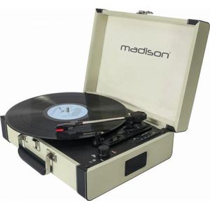 Madison - MAD-RETROCASE-CR - Retro platenspelerkoffer (33, 45, 78 toeren) met ingebouwde luidsprekers, Bluetooth, USB, SD - 45 toeren adapter inbegrepen - Lichtblauw leer