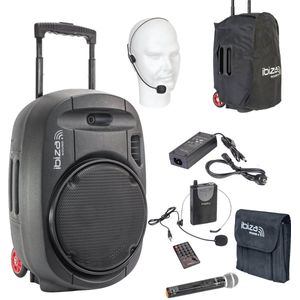 Ibiza - PORT15UHF-MKII-TWS - Draagbare luidspreker 15""/800W MAX met 2 microfoons (UHF), afstandsbediening en beschermhoes - Bluetooth, USB, SD & TWS - 6 tot 8 uur autonomie
