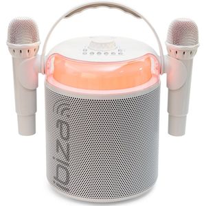 Ibiza - KARAHOME-WH - Batterij verlichte KARAOKE speaker met twee draadloze microfoons (op batterij) - Bluetooth, USB, MicroSD, USB, AUX en COAX - Wit