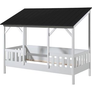 Vipack Bed HuisBed inclusief vensterbanken, heel dak en slaaplade - 90 x 200 cm - wit/zwart