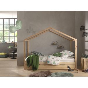 Vipack Kinderbed Dallas 90x200cm - Bed als Huis met Slaaplade - Bedframe met Dak - Peuterbed met Logeerbed - Ledikant - Hout