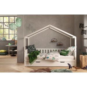 Vipack Kinderbed Dallas 90x200cm - Bedbank als Huis met Slaaplade - Bed met Dak - Peuterbed met Logeerbed - Ledikant - Wit