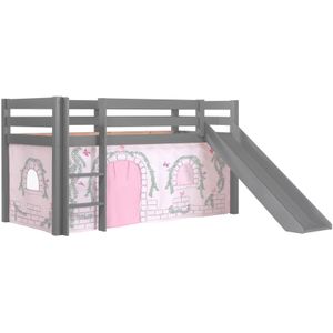 Spielbett Pino inkl. Rutsche mit Textilset Vorhang ""Birdy"", Ausf. Kiefer massiv grau lackiert