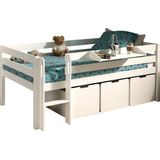 Kojen-Spielbett mit Liegefläche 90 x 200 cm, inkl. Leiter, Regal, Rolllattenrost und 3 Schubkästen, Kiefer und MDF weiß lackiert