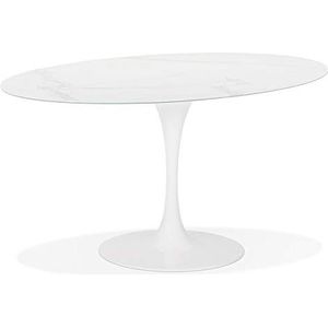 Alterego Witte ovalen design eettafel 'CHAMAN' van glas met marmereffect - 160x105 cm