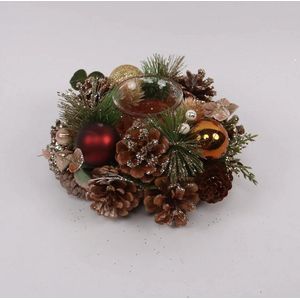 Kerstkrans / stuk 20 cm rond bordeaux rood 1 theelichthouder & dennenappels groen blad | NFT-65527 | La Galleria