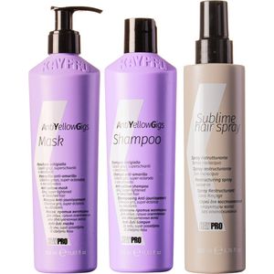 KayPro No Yellow set shampoo 350ml & haarmasker 350ml & sublime haarspray 100ml - bundel ideaal voor ontkleurd, blond, wit of grijs haar - haarverzorging set - Geschenkset - Giftset - voordeelverpakking